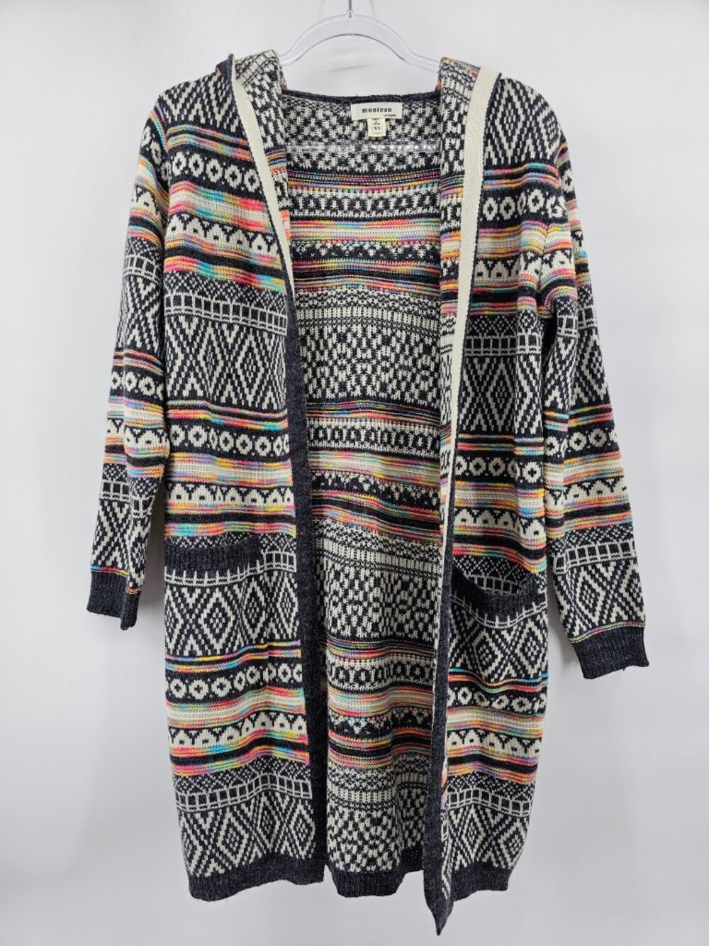 Monteau Hooded Fair Isle Long Cardigan Sweater Women's Open Front Boho Duster XS
